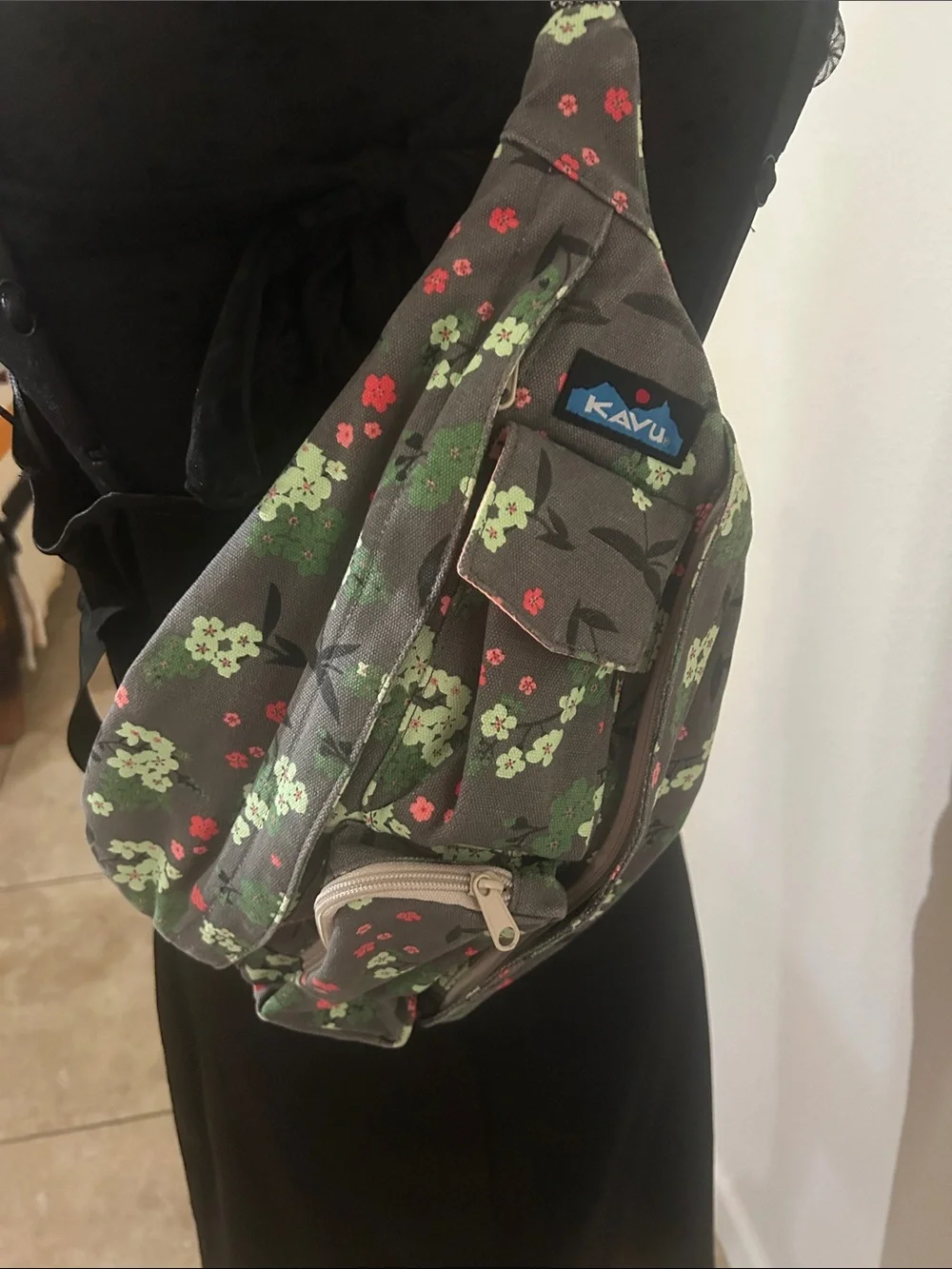 Kavu Floral Sling Bag in Olive with Pink and Light Green Blossoms